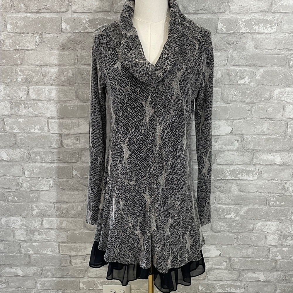 A'Reve Black and Gray Cowlneck Textured Dress with Chiffon Hem
